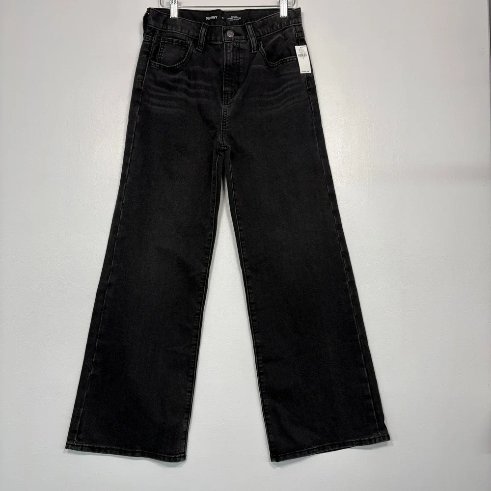 Old Navy Girls Jeans 16 Black High Rise Baggy Wide Leg Built-In Tough Adjustable